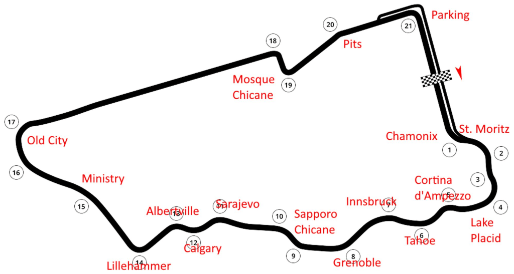 A map of the Diriyah Street Circuit with corner names, adapted from Juan2910's on Wikimedia Commons, licensed under CC-BY-SA 4.0 (https://creativecommons.org/licenses/by-sa/4.0/)