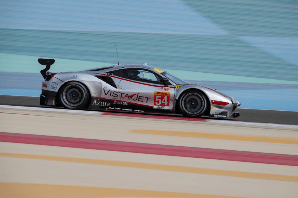 The Ferrari 488 GTE in VistaJet livery in the final race for that class at Bahrain last year, posted by AF Corse on X.
