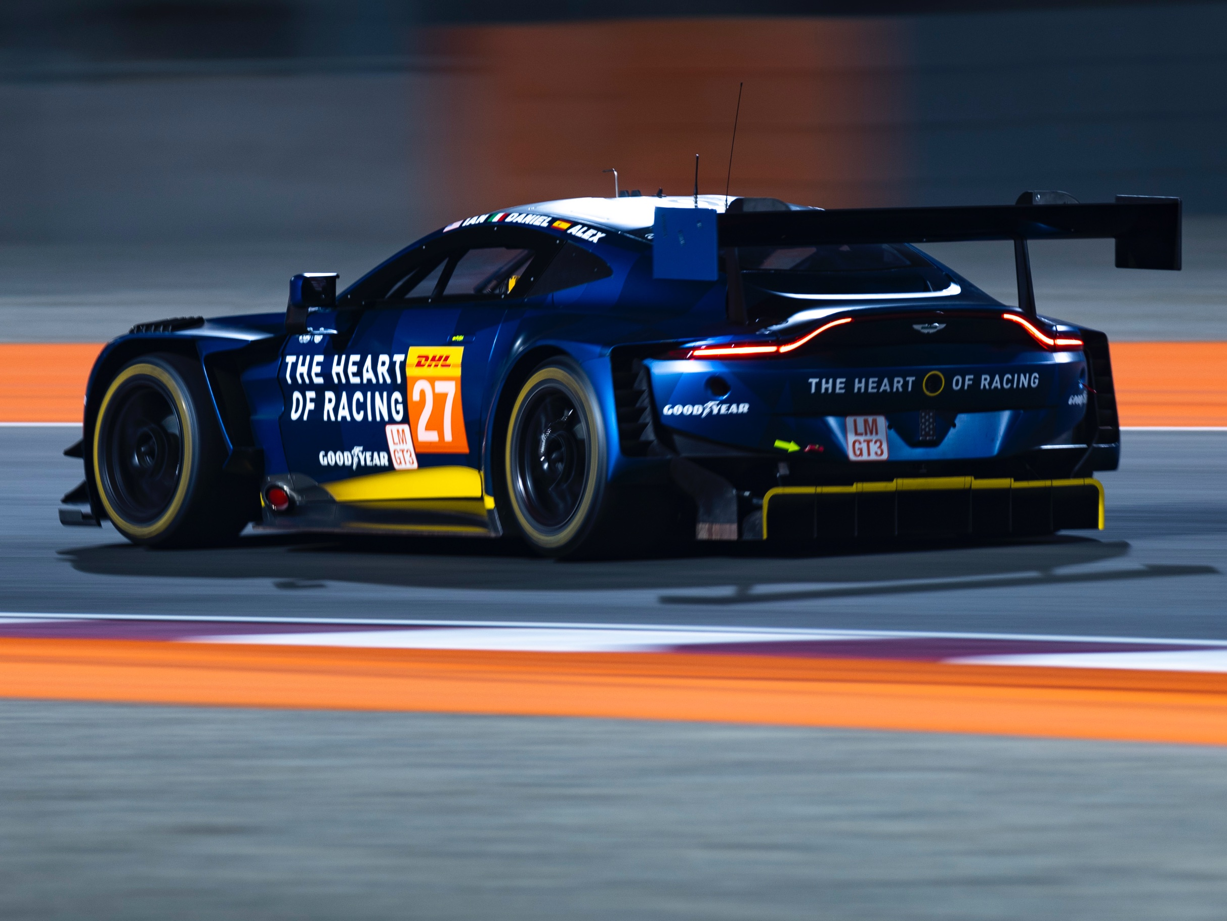 Aston Martin Vantage AMR GT3 Evo in Heart of Racing colours, testing in Qatar. Posted on X by Heart of Racing