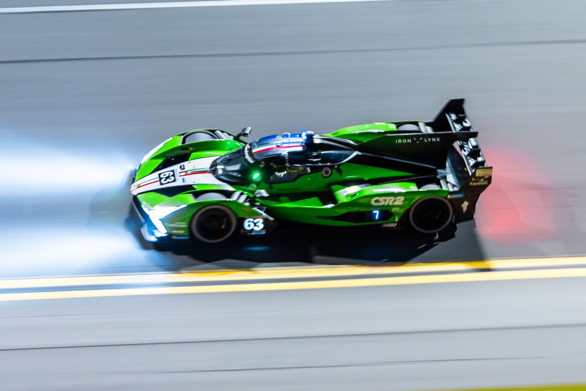 The Lamborghini SC63 (in its IMSA trim) on the banking at Daytona in the night test session, as posted by Iron Lynx on X.