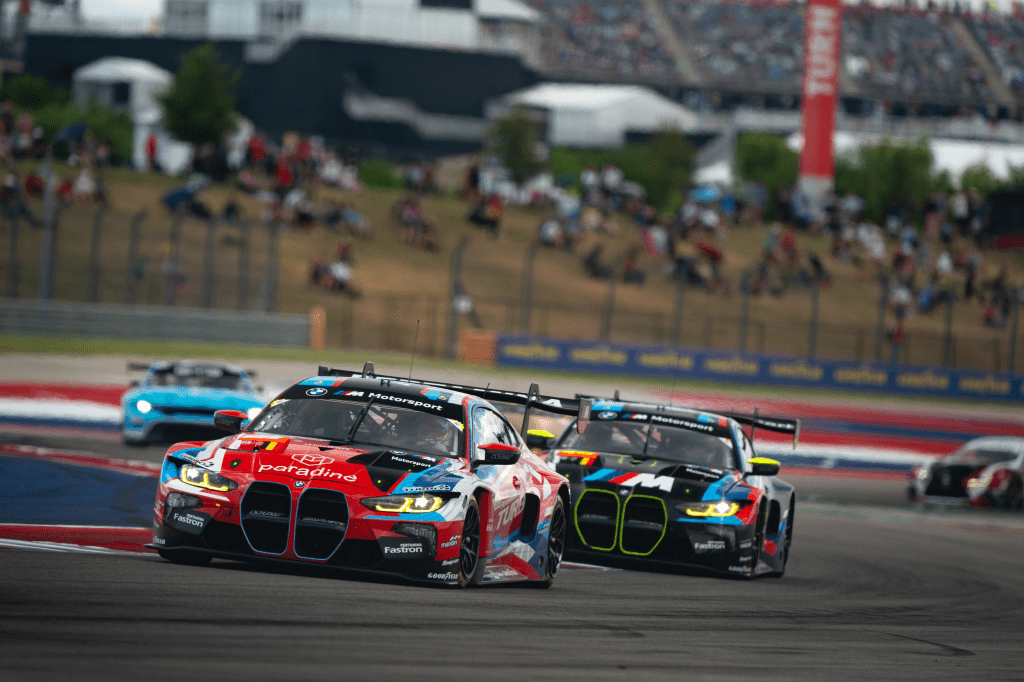 The BMW M8 GT3 cars make their way through the Esses at the Circuit of the Americas. Photo credit to WRT. 