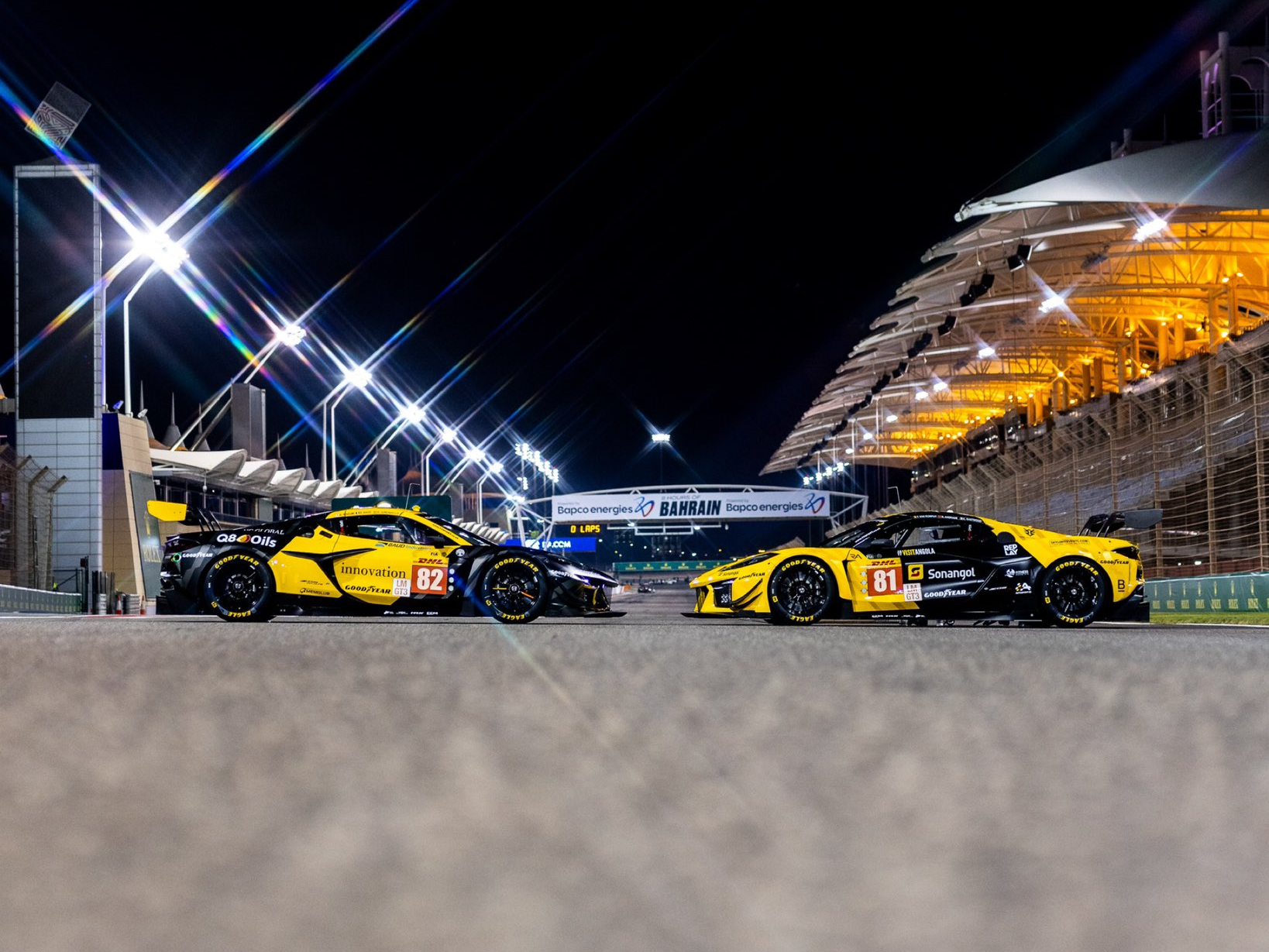 TF Sport's Corvettes look weirdly like diecasts in a posed photo on the pit straight at Bahrain at night. (Photo credit: TF Sport)