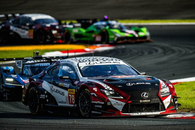 The #78 Lexus taking a corner at Interlagos with Alpine and Lamborghini Hypercars plus its stablemate in the background.