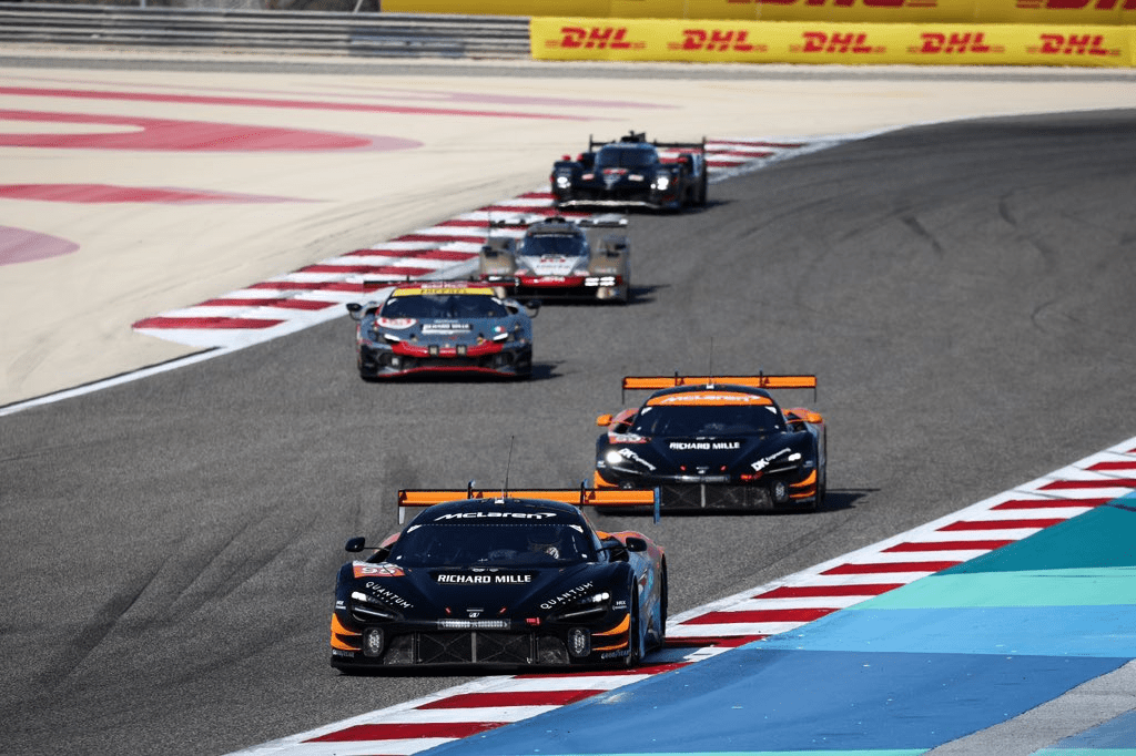 United's McLaren 720S GT3s lead an AF Corse Ferrari, a Jota Porsche and a Toyota during the 8 Hours of Bahrain. (Photo: United Autosports). 