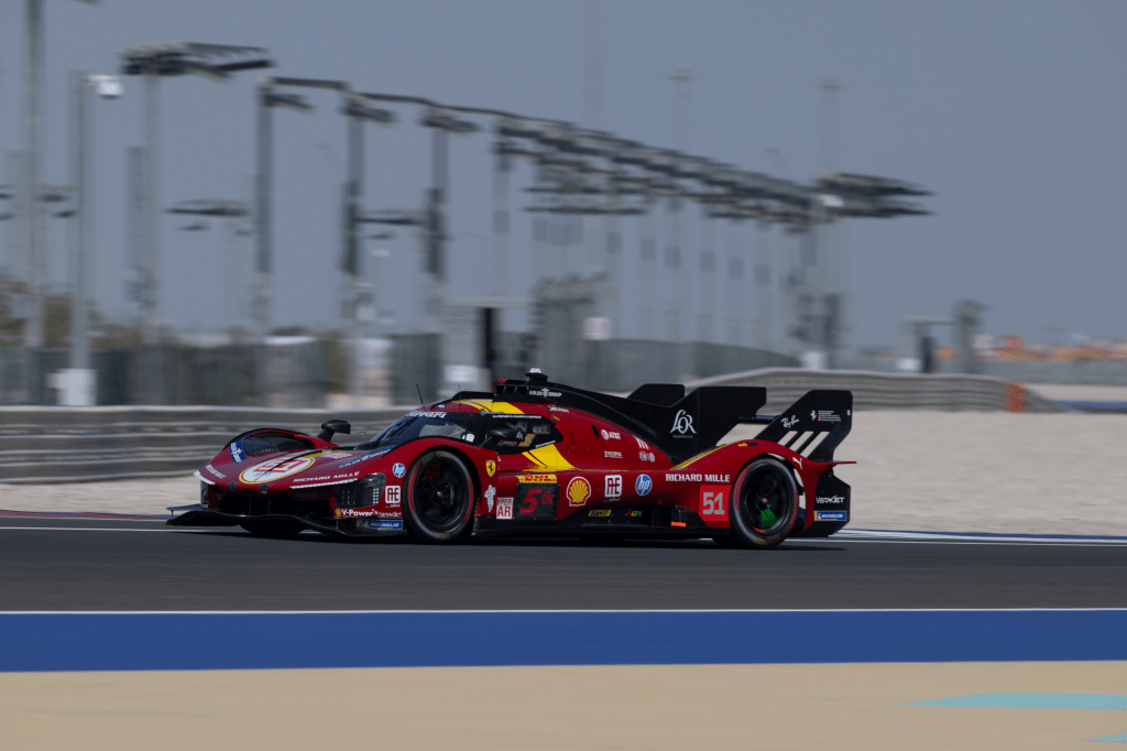 Ferrari's #51 499P Hypercar sweeps around a corner during the Qatar prologue. (Photo credit: AF Corse)