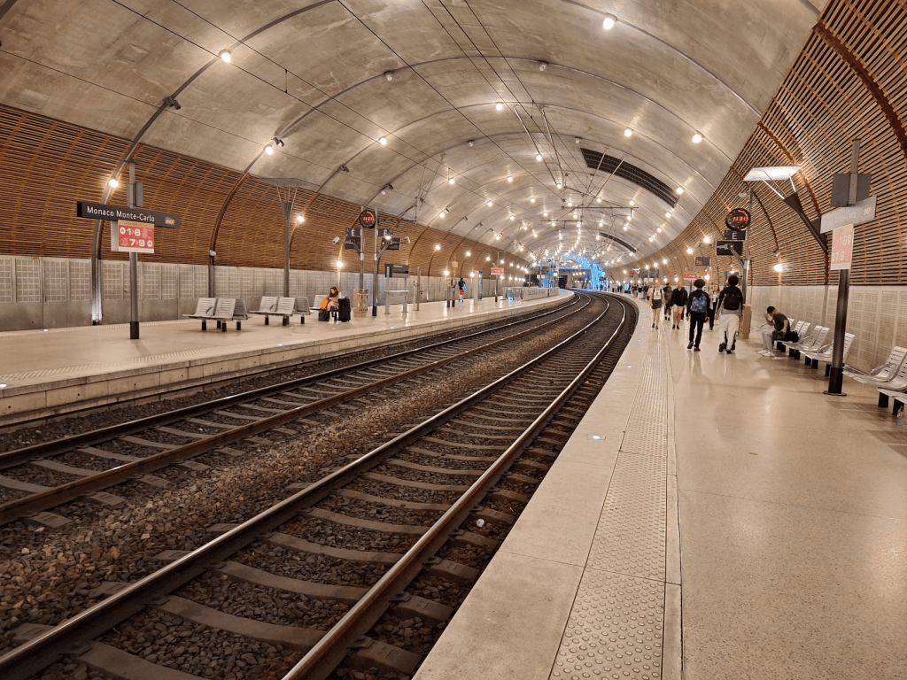 Monaco's underground train station, an arched concrete roof with very long platforms.